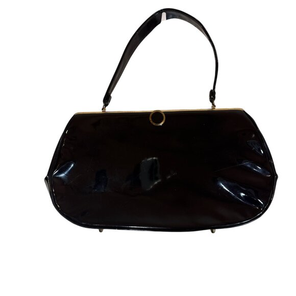 Source Unknown Handbags - Vintage 1950/60's Large BLACK Vinyl Top Handle Purse/Bag Satchel Clasp Lock